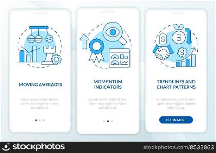 Trend trading strategies blue onboarding mobile app screen. Business walkthrough 3 steps editable graphic instructions with linear concepts. UI, UX, GUI template. Myriad Pro-Bold, Regular fonts used. Trend trading strategies blue onboarding mobile app screen
