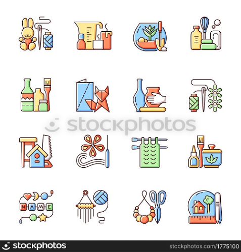 Trending hobbies RGB color icons set. Home business. Boho style. Craft activity. Creative reuse. Home decor. Isolated vector illustrations. Handcrafted pieces simple filled line drawings collection. Trending hobbies RGB color icons set
