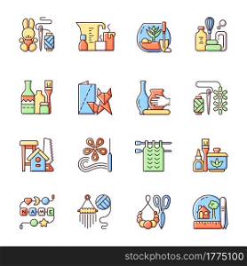 Trending hobbies RGB color icons set. Home business. Boho style. Craft activity. Creative reuse. Home decor. Isolated vector illustrations. Handcrafted pieces simple filled line drawings collection. Trending hobbies RGB color icons set