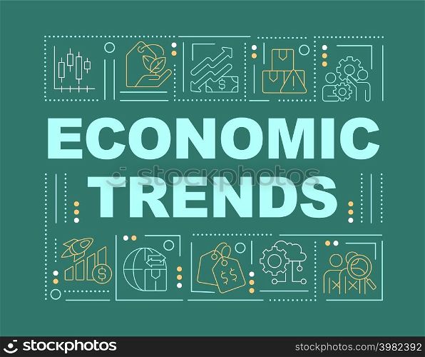 Trends in economy word concepts green banner. Tendencies in business. Infographics with icons on color background. Isolated typography. Vector illustration with text. Arial-Black font used. Trends in economy word concepts green banner