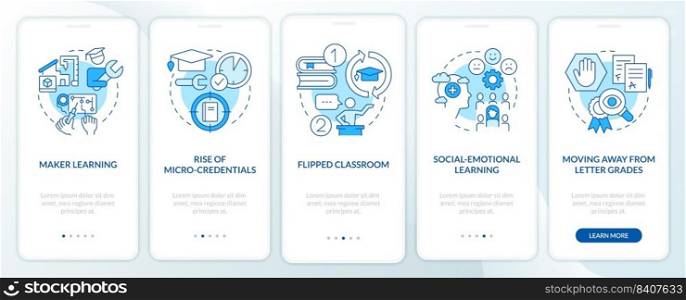 Trends in education blue onboarding mobile app screen. Learning walkthrough 5 steps editable graphic instructions with linear concepts. UI, UX, GUI template. Myriad Pro-Bold, Regular fonts used. Trends in education blue onboarding mobile app screen