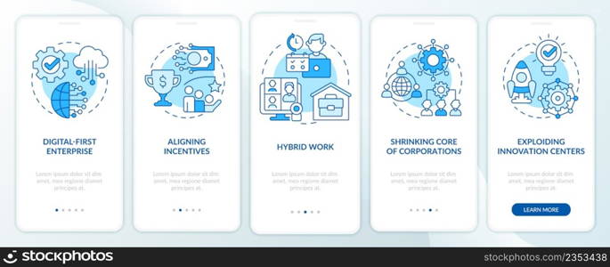 Trends in enterprise blue onboarding mobile app screen. Business walkthrough 5 steps graphic instructions pages with linear concepts. UI, UX, GUI template. Myriad Pro-Bold, Regular fonts used. Trends in enterprise blue onboarding mobile app screen