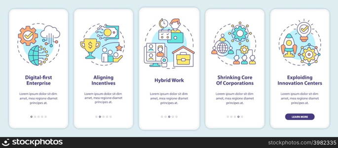 Trends in enterprise onboarding mobile app screen. Business development walkthrough 5 steps graphic instructions pages with linear concepts. UI, UX, GUI template. Myriad Pro-Bold, Regular fonts used. Trends in enterprise onboarding mobile app screen