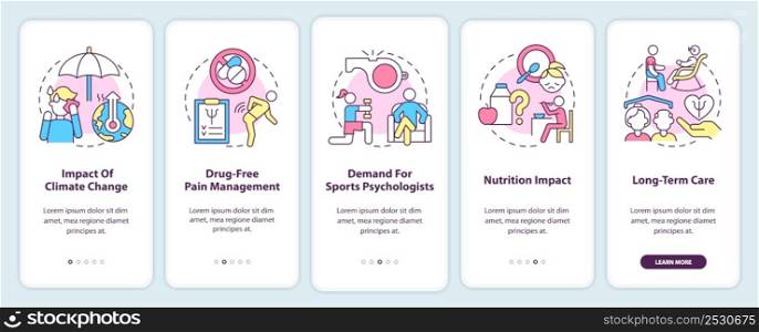 Trends in psychology and mental health onboarding mobile app screen. Walkthrough 5 steps graphic instructions pages with linear concepts. UI, UX, GUI template. Myriad Pro-Bold, Regular fonts used. Trends in psychology and mental health onboarding mobile app screen