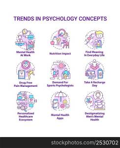 Trends in psychology concept icons set. Innovations in mental health improving idea thin line color illustrations. Isolated symbols. Editable stroke. Roboto-Medium, Myriad Pro-Bold fonts used. Trends in psychology concept icons set