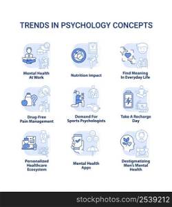 Trends in psychology light blue concept icons set. Innovations in mental health idea thin line color illustrations. Isolated symbols. Editable stroke. Roboto-Medium, Myriad Pro-Bold fonts used. Trends in psychology light blue concept icons set