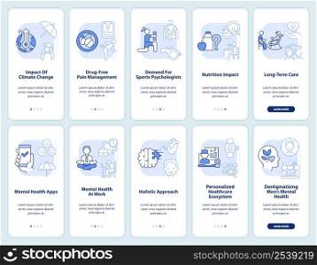 Trends in psychology light blue onboarding mobile app screen set. Walkthrough 5 steps graphic instructions pages with linear concepts. UI, UX, GUI template. Myriad Pro-Bold, Regular fonts used. Trends in psychology light blue onboarding mobile app screen set