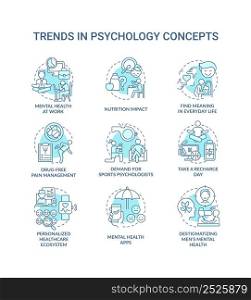 Trends in psychology turquoise concept icons set. Innovation in mental health improving idea thin line color illustrations. Isolated symbols. Editable stroke. Roboto-Medium, Myriad Pro-Bold fonts used. Trends in psychology turquoise concept icons set