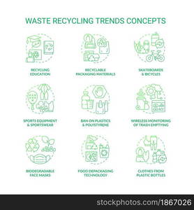 Trends in trash recycling and upcycling concept icons set. Environmental preservation. Reduction in global pollution idea thin line color illustrations. Vector isolated outline drawings. Trends in trash recycling and upcycling concept icons set