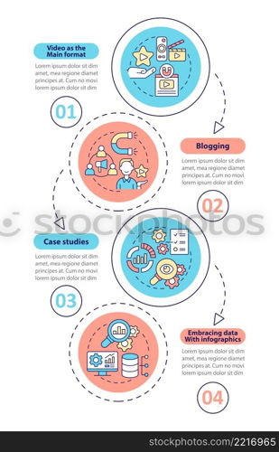 Trends of content marketing vertical infographic template. Data visualization with 4 steps. Process timeline info chart. Workflow layout with line icons. Myriad Pro-Bold, Regular fonts used. Trends of content marketing vertical infographic template