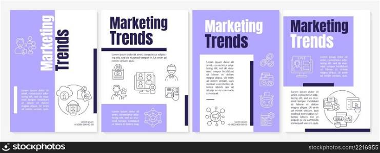 Trends of marketing purple brochure template. Advertise c&aign. Leaflet design with linear icons. 4 vector layouts for presentation, annual reports. Anton-Regular, Lato-Regular fonts used. Trends of marketing purple brochure template