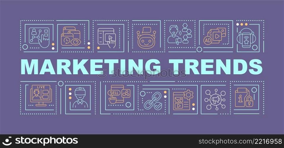 Trends of marketing purple brochure template. Advertise campaign. Leaflet design with linear icons. 4 vector layouts for presentation, annual reports. Anton-Regular, Lato-Regular fonts used. Trends of marketing purple brochure template
