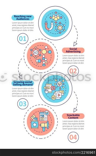 Trends of SMM marketing vertical infographic template. Network build. Data visualization with 4 steps. Process timeline info chart. Workflow layout with line icons. Myriad Pro-Bold, Regular fonts used. Trends of SMM marketing vertical infographic template