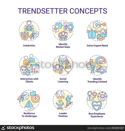 Trendsetter concept icons set. Social media. New approach. Predictive analytics. Marketing strategy. Innovative idea. Trend setter idea thin line color illustrations. Isolated symbols. Editable stroke. Trendsetter concept icons set