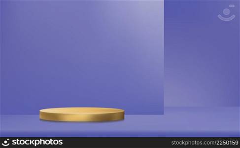 Trendy 2022 Very Peri color. Purple Background Empty Room Studio with yellow golden podium and shelf.Mini Violet Gallery wall room with copy space Color of the year 2022. Background for designers