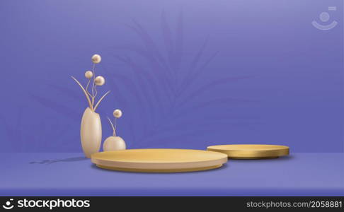 Trendy 2022 Very Peri color. Purple Background Studio room with cylinder podium and peach gold balls in vase,Vector 3D Gallery room with stand and palm leaves on wall background.