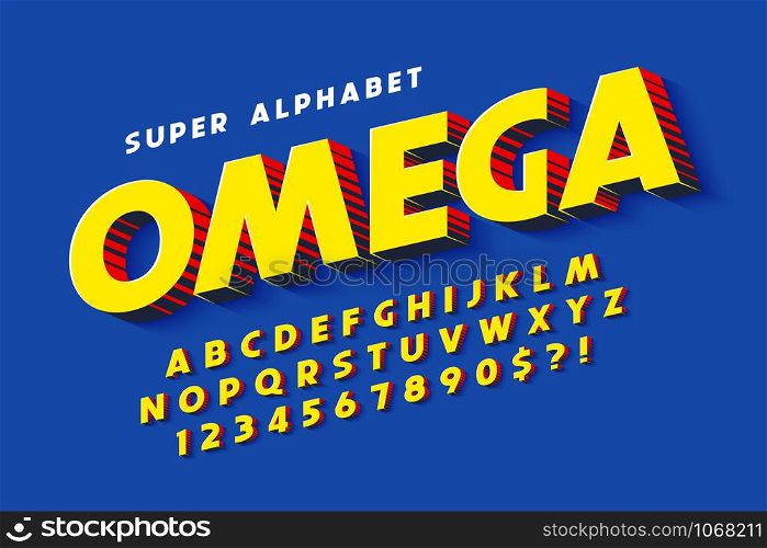 Trendy 3d comical font design, colorful alphabet, typeface. Color swatches control. 13 degree skew.. Trendy 3d comical font design, colorful alphabet, typeface.