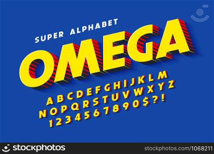 Trendy 3d comical font design, colorful alphabet, typeface. Color swatches control. 13 degree skew.. Trendy 3d comical font design, colorful alphabet, typeface.