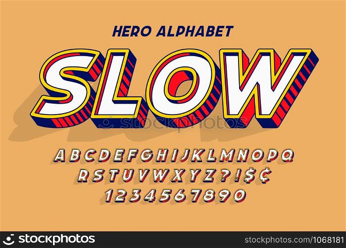 Trendy 3d comical font design, colorful alphabet, typeface. Color swatches control. 15 degree skew.. Trendy 3d comical font design, colorful alphabet, typeface.