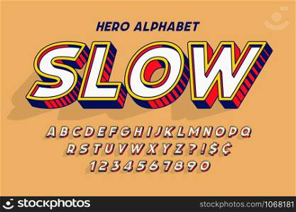 Trendy 3d comical font design, colorful alphabet, typeface. Color swatches control. 15 degree skew.. Trendy 3d comical font design, colorful alphabet, typeface.