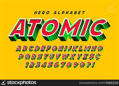 Trendy 3d comical font design, colorful alphabet, typeface. Color swatches control. 20 degree skew.. Trendy 3d comical font design, colorful alphabet, typeface.