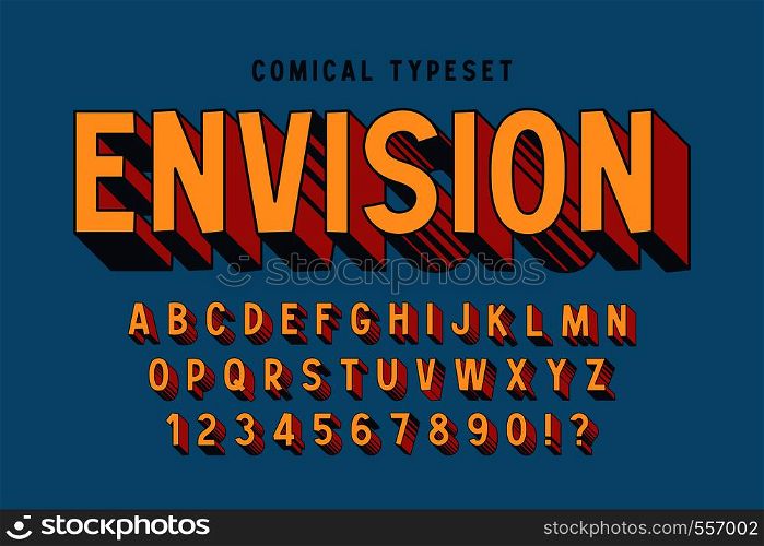 Trendy 3d comical font design, colorful alphabet, typeface. Color swatches control. Not expanded strokes. Trendy 3d comical font design, colorful alphabet, typeface.
