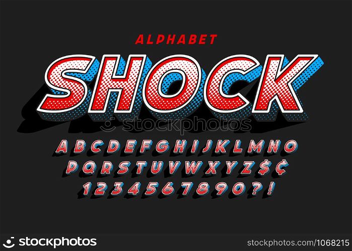 Trendy 3d comical letters design, colorful alphabet, typeface. Color swatches control. 15 degree skew.. Trendy 3d comical font design, colorful alphabet, typeface.