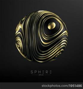 Trendy 3d icon with 3d sphere gold on black background. Modern abstract gradient wavy geometric background. Organic shape. Modern 3d graphic geometric background. Abstract modern art objects.. 3d sphere gold on black background for web design. Modern abstract liquid noise fluid form background. Vector mesh bronze gold. Modern 3d graphic concept.