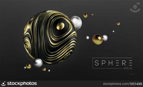 Trendy 3d icon with 3d sphere gold on black background. Modern abstract gradient wavy geometric background. Organic shape. Modern 3d graphic geometric background. Abstract modern art objects.. Modern 3d graphic concept. 3d sphere gold on black background for web design. Modern abstract liquid noise fluid form background. Vector mesh bronze gold.