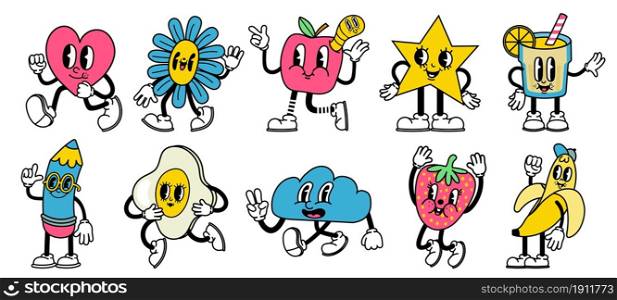 Trendy abstract cartoon. Bright comic heart, star, apple and pencil mascots with funny faces vector set. Running, jumping and walking characters with happy, cheerful facial expressions. Trendy abstract cartoon characters in retro animation style. Bright comic heart, star, apple and pencil mascots with funny faces vector set