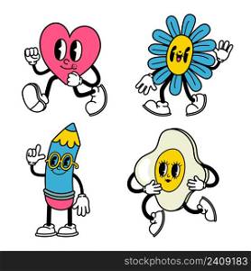 Trendy abstract cartoon. Comic heart, flower, pencil and egg with cheerful facial expression, arms and legs. Funny walking and standing characters with smiley faces isolated vector set. Trendy abstract cartoon. Comic heart, flower, pencil and egg with cheerful facial expression, arms and legs