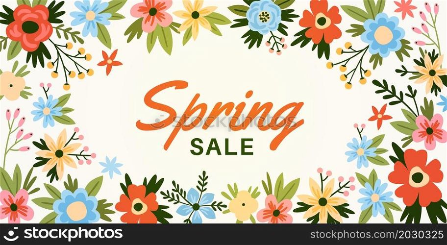Trendy abstract flowers. Romantic floral frame. Seasonal discount banner. Botanical border. Drawn blooming plants. Natural elements decorative design. Sale advertising poster mockup. Vector concept. Trendy abstract flowers. Romantic floral frame. Seasonal discount banner. Botanical border. Blooming plants. Natural elements decorative design. Sale advertising poster. Vector concept