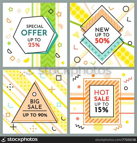 Trendy abstract geometric bubble hot sale. New arrival, big sale and special offer. Black friday up to. Big discount. Vivid banner retro poster design style. Vintage colors and shapes in memphis style. Abstract geometric bubble hot sale. New arrival, big sale and special offer. Black friday up to. Big discount