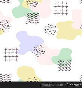 Trendy Abstract memphis geometric pastel seamless pattern. liquid fluid shapes with dots, curved lines, plus, circles elements. Stock vector illustration isolated on white background in flat hand drawn style.. Trendy Abstract memphis geometric pastel seamless pattern. liquid fluid shapes with dots, curved lines, plus, circles elements. Stock vector illustration isolated on white background in flat hand drawn style