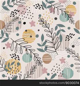 Trendy abstract tropical seamless pattern with exotic plants and dots in minimalism style. Vector background. Illustration of exotic plants and flowers. For cards, design, print, textile, wallpaper. Seamless pattern trendy exotic colorful plants vector illustration
