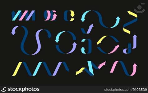 Trendy arrows. Playful curve spiral direction pointers, abstract dynamic quirky elements and minimalist decorative cursor signs. Vector doodle set. Wavy isolated markers, colorful zigzags. Trendy arrows. Playful curve spiral direction pointers, abstract dynamic quirky elements and minimalist decorative cursor signs. Vector doodle set