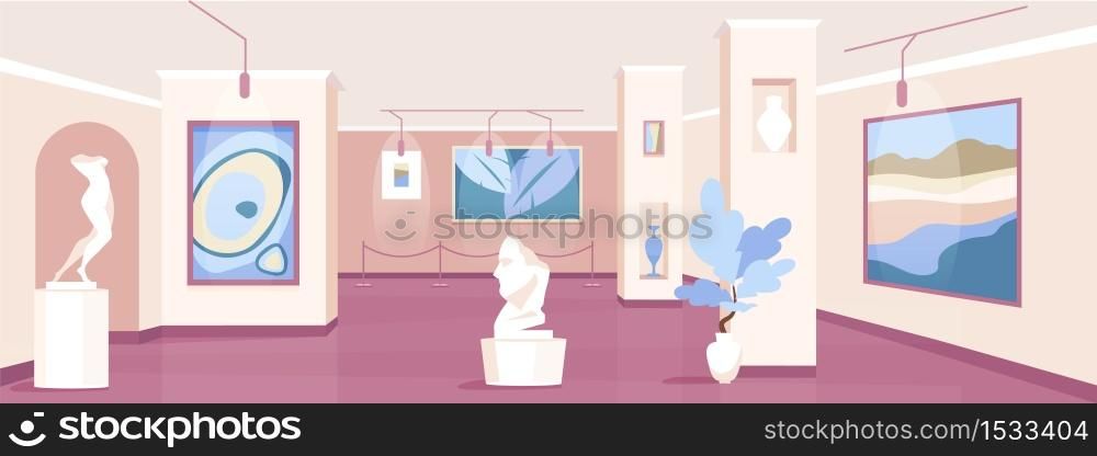 Trendy art gallery flat color vector illustration. Pictures and sculptures for exhibition. Exposition of modern masterpiece. Cultural museum 2D cartoon interior with installations on background. Trendy art gallery flat color vector illustration
