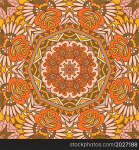 Trendy autumn tribal seamless pattern for fabric. Bohemian nomadic style doodle handdrawn arts.. Tribal indian ethnic mandala flower pattern design. Festive colorful ornament