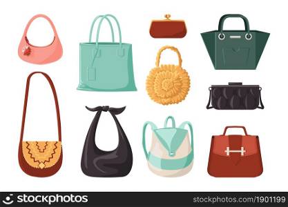 Trendy bags. Fashion woman purse and elegant everyday handbag. Modern female accessories collection. Cartoon stylish leather clutch and casual hobo packet. Vector isolated fashionable clothes set. Trendy bags. Fashion woman purse and elegant everyday handbag. Modern female accessories collection. Cartoon leather clutch and casual hobo packet. Vector fashionable clothes set