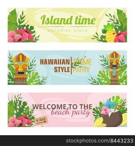 Trendy banners for Hawaiian holidays vector illustration. Bright totems, flowers and fruits and text. Summer vacation and island concept. Template for poster, promotion or design