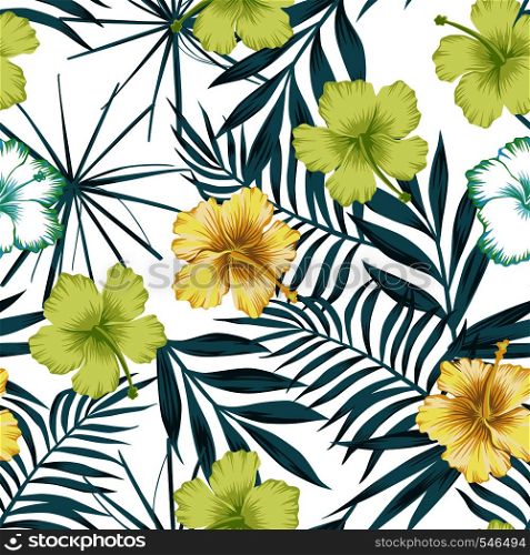 Trendy beach vector wallpaper lime green hibiscus on the blue leaves seamless white background