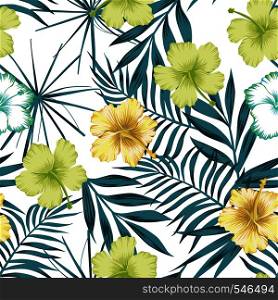 Trendy beach vector wallpaper lime green hibiscus on the blue leaves seamless white background