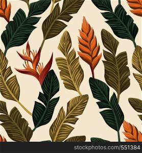 Trendy botanical wallpaper from realistic vector banana leaves and tropical flowers seamless pattern on the white background
