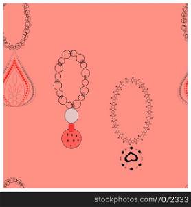 Trendy bracelets with pendants seamless pattern. Ponk background. Accessories sketch clipart. Jewels textile, background, web, wrapping paper. Vector illustration. Trendy bracelets with pendants endless design.