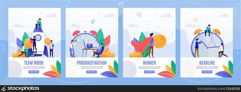 Trendy Business Media Pages Set for Social Network. Teamwork, Procrastination, Winner, Deadline. Unprofitable and Profitable, Hard and Lazy Work, Success and Failure. Vector Flat Illustration. Trendy Business Media Pages Set for Social Network