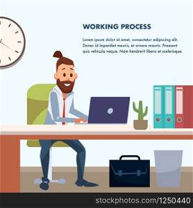 Trendy Businessman Work by Laptop at Office Area. Man with Modern Hairstyle and Beard at Workplace with Computer. Male Character Sit at Desk or Table. Briefcase. Cartoon Flat Vector Illustration. Trendy Businessman Work by Laptop at Office Area