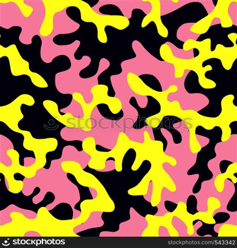 Trendy camo military urban seamless vector pattern. Abstract background navy army khaki illustration in pink yellow color scheme