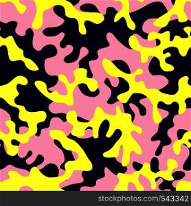 Trendy camo military urban seamless vector pattern. Abstract background navy army khaki illustration in pink yellow color scheme