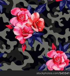 Trendy camo military urban seamless vector pattern with beautiful flower pink rose. Abstract background navy army khaki illustration in blue gray color scheme