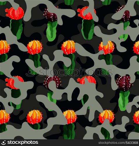 Trendy camouflage illustration hand drawn watercolor cactus on military background khaki in blue gray color camo seamless vector pattern